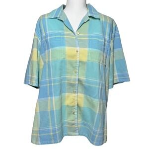 Koret Plaid Button Front Shirt Turquoise Green Yellow Excellent Coastal Retro